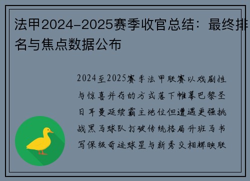 法甲2024-2025赛季收官总结：最终排名与焦点数据公布