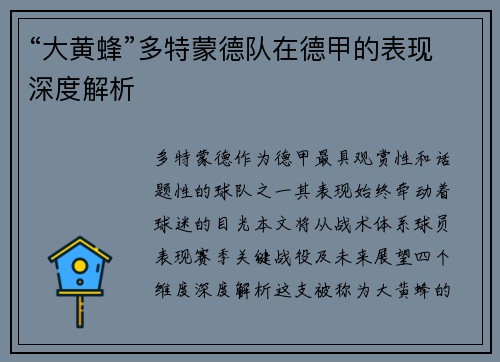 “大黄蜂”多特蒙德队在德甲的表现深度解析